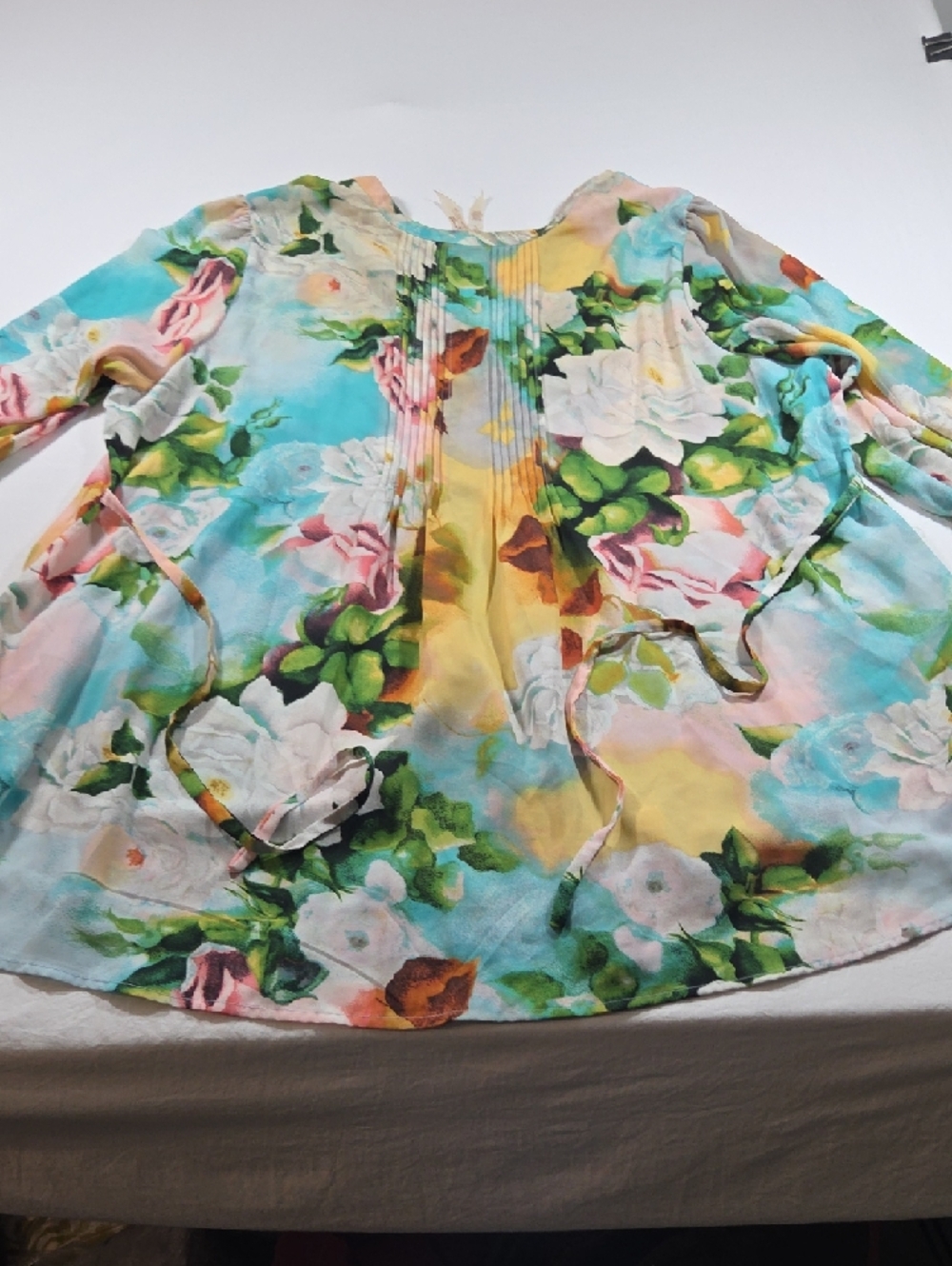 Seven 7 Floral Pleated Button-Up Tunic Top Pastel Multi V Neck Spring Lighweight - Picture 9 of 11